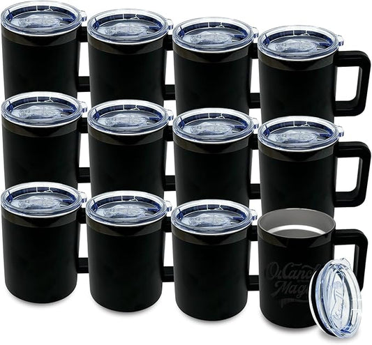 10 oz Tumbler with Handle and Straw Stainless Steel Insulated Coffee Mug for Laser Graving Powder Coated Cup with Black Plated(Black,12 pack)