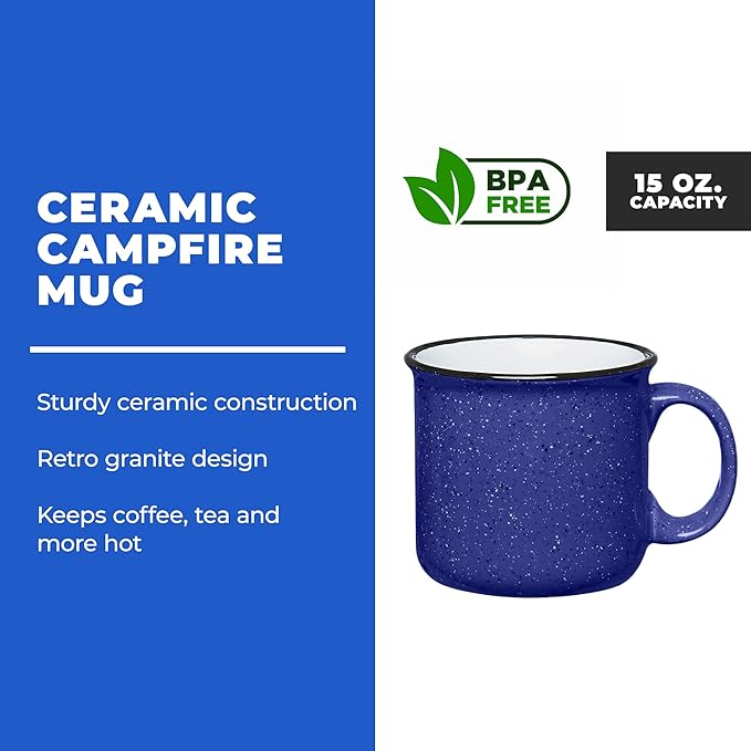 Set of 8 Ceramic Campfire Mugs – 15 Oz, Cobalt Blue – Coffee & Tea Cups for Home, Work, Travel, Camping – Customizable, Great for DIY, Events, Companies