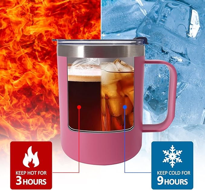 1pack 12oz Coffee Mug With Handle Bulk, Stainless Steel Insulated Travel Tumblers With,Double Wall Vacuum Camping Cup for Hot & Cold Drinks Tea (pink)