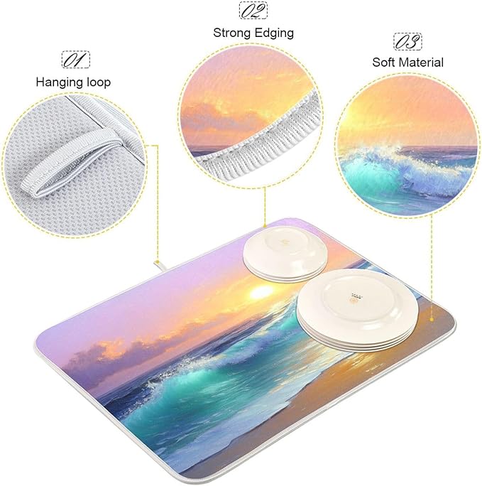 Sun Shines Waves Purple Sky Dish Drying Mat for Kitchen Counter Super Absorbent Dishes Pad Reversible Microfiber Protector Dish Draining Mats 18x24 inch