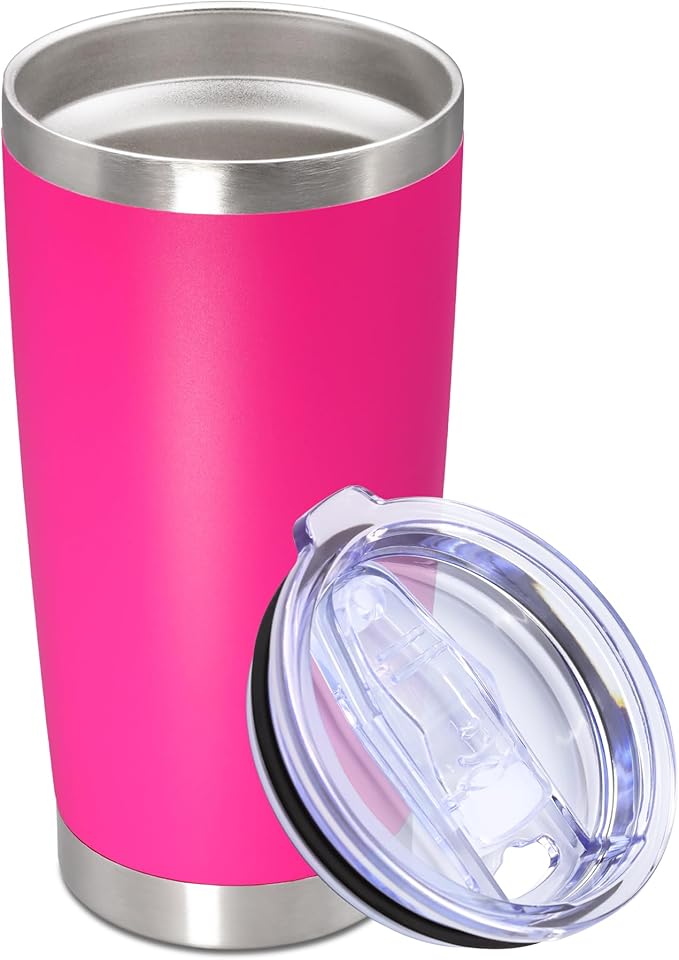 20oz Tumbler Stainless Steel Tumbler Cup with Lid Vacuum Insulated Double Wall Travel Mug, Durable Powder Coated Travel Coffee Tumbler Mug for Hot & Cold Drinks, Hot Pink,1 Pack