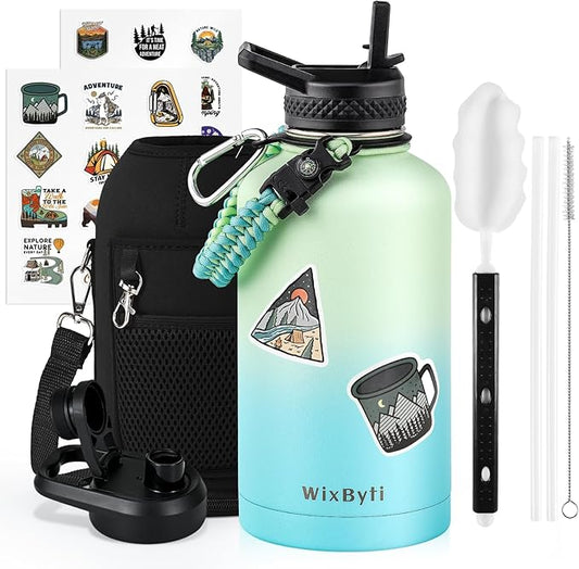64 oz Insulated Water Bottle with Straw (Cold for 48 Hrs), Half Gallon Stainless Steel Triple Wall Vacuum Sports Water Jug, Leakproof Hydro Cup Flask with Straw Spout Lids & DIY Stickers