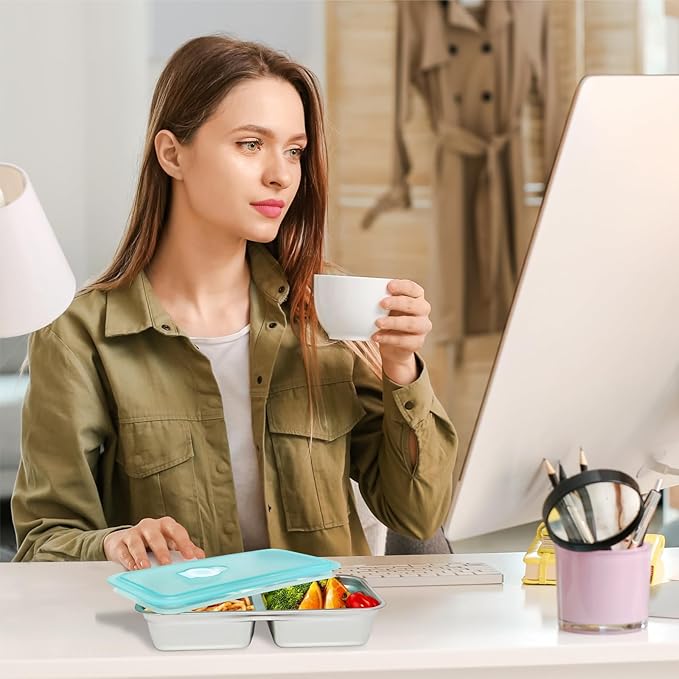 6 PCS Stainless Steel Snack Containers, Double Compartment Bento Box (30oz) with Leakproof Lids, Food Lunch Storage Box Dishwasher Safe & Reusable for Lunch Prep, Travel, Outdoor Camping