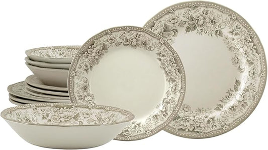 TUDOR ROYAL 12-Piece Porcelain Round Dinnerware Set, Service for 4, DIANA ROSE BEIGE Design, Blue Floral, Plates Bowls Dishes, Premium Quality Tableware, Unique Pattern, Glossy
