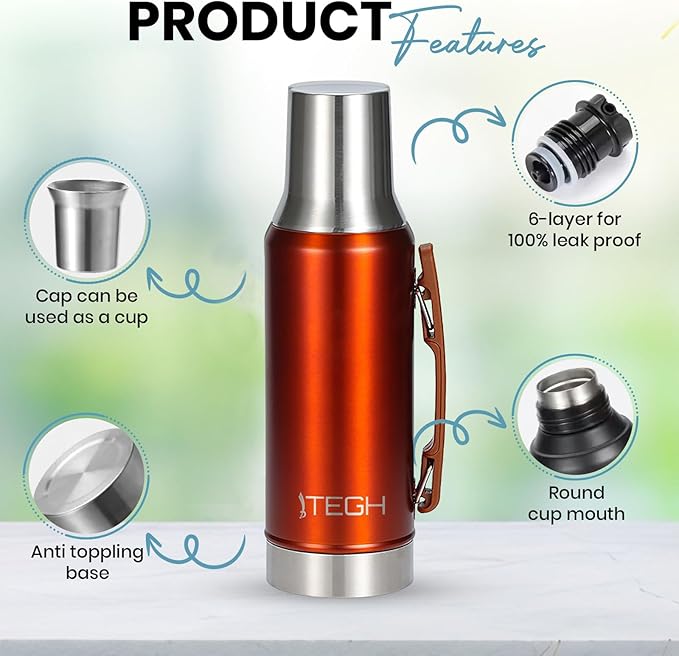 TEGH 40 oz insulated water bottle vacuum insulated wide mouth water bottle leakproof travel bottle BPA-free stainless steel water bottle hot and cold beverage bottle