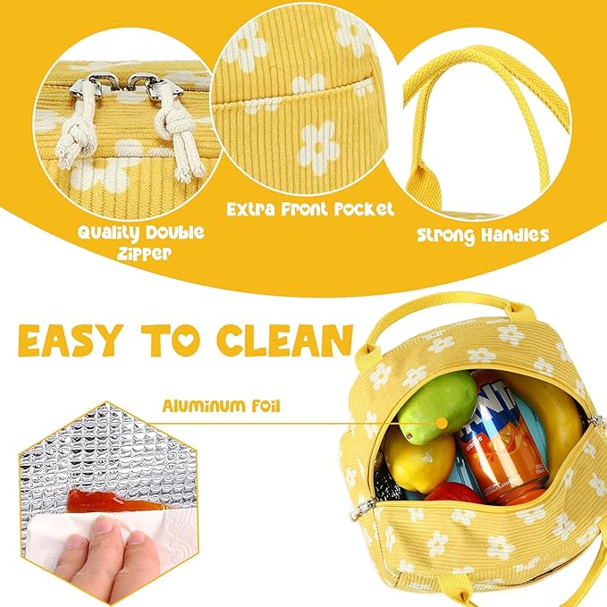 Bluboon Lunch Bag for Women Men Cute Corduroy Lunch Tote Bags Reusable Insulated Lunch Box Large Capacity Reusable Insulated Cooler for Work Picnic or Travel