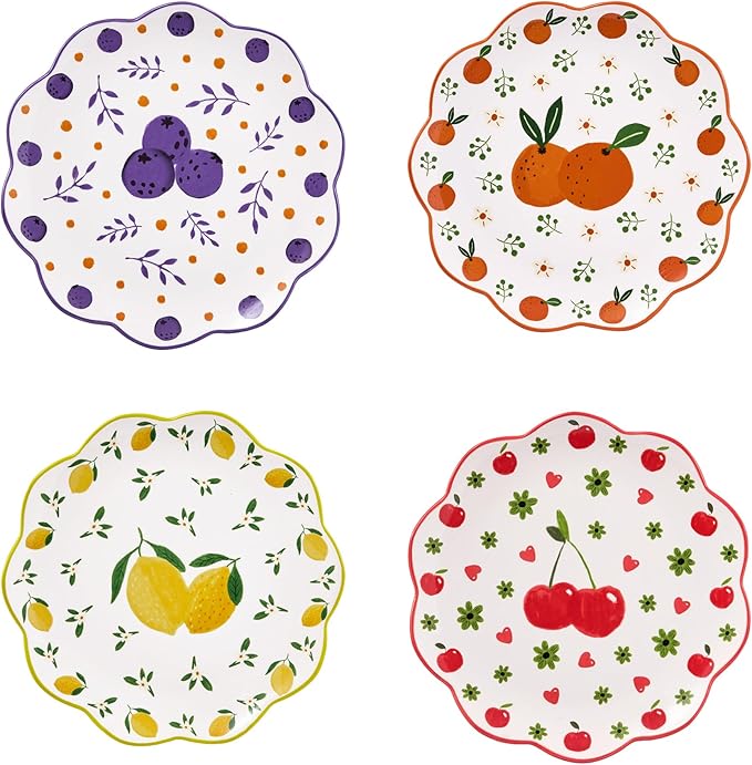 Bico Fruit Pop Scalloped Salad Plates Set of 4, 8.75 Inch Ceramic Dessert Plates for Salad, Appetizer, Side Dishes, Microwave and Dishwasher Safe, Gift for Housewarming and Thanksgiving