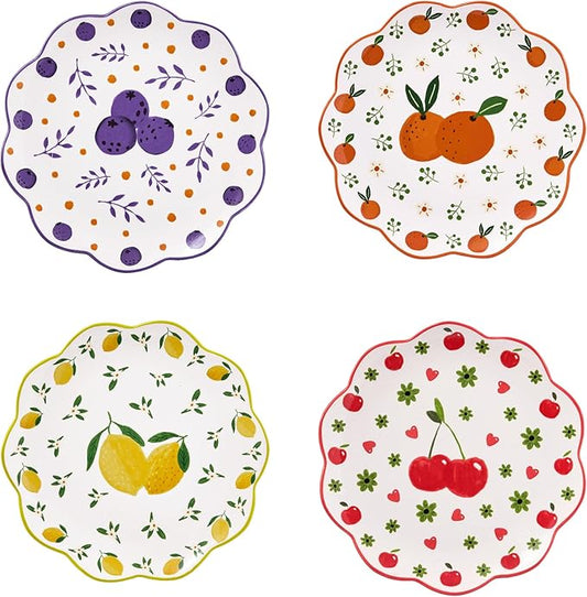 Bico Fruit Pop Scalloped Salad Plates Set of 4, 8.75 Inch Ceramic Dessert Plates for Salad, Appetizer, Side Dishes, Microwave and Dishwasher Safe, Gift for Housewarming and Thanksgiving