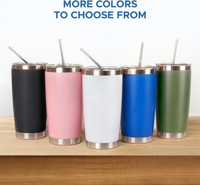 OMTech 20oz Tumblers Bulk, 12pc Stainless Steel Tumbler Set with Lid & Straw, Double Wall Vacuum Insulated Mug for Laser Engraver, Travel Coffee Mug for Hot & Cold Drinks, White Powder Coated Cup
