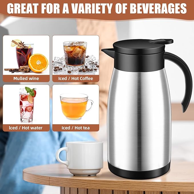 Uiifan 2 Pcs Thermal Coffee Carafe Insulated Stainless Steel Coffee Carafes for Keeping Hot and Cold Double Walled Vacuum Thermal Pot Flask with Brush for Water Milk Tea Home and Office(Silver,34oz)