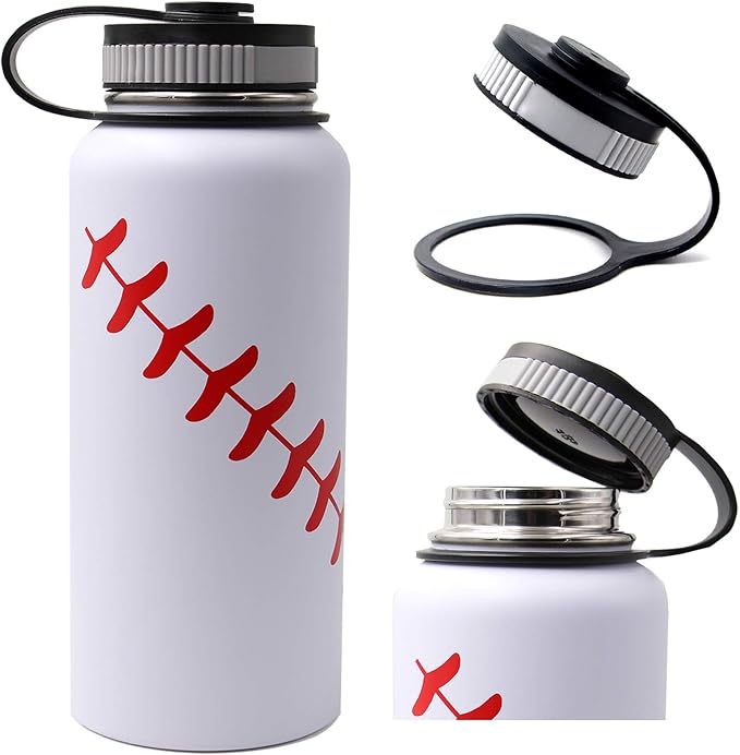 32 oz Baseball Water Bottle, Wide Mouth Sports Flask Metal Thermo Travel Mug with 2 Lids, Stainless Steel Double Wall Vacuum Insulated Water Bottles, Baseball Accessories Gifts for Mom Men Boys Girls
