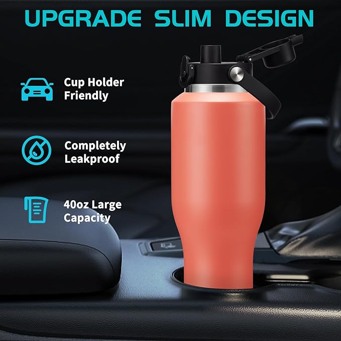 Vacuum Insulated Water Bottle 40oz - w/Straw Lid & Spout Lid,Leak-Proof Insulated Thermal Cups w/Carrier Pouch with Strap & Protective Boot, Thermo Coffee Flask Fit in Bike Car Cup Holder