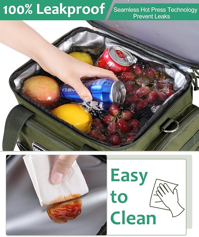 Tactical Lunch Box for Men, Expandable Large Insulated Lunch Bag for Adult, Heavy Duty Double Deck Lunch Cooler Bag with Shoulder Strap, Leakproof Soft Lunch Pail with American Flag - Green