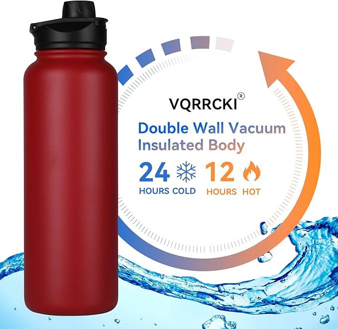 40 oz Insulated Water Bottle with Straw, Stainless Steel Sports Water Bottles with 2 Lids (Straw and Wide Mouth lid), Double Wall Vacuum, Leakproof, BPA-Free, Red