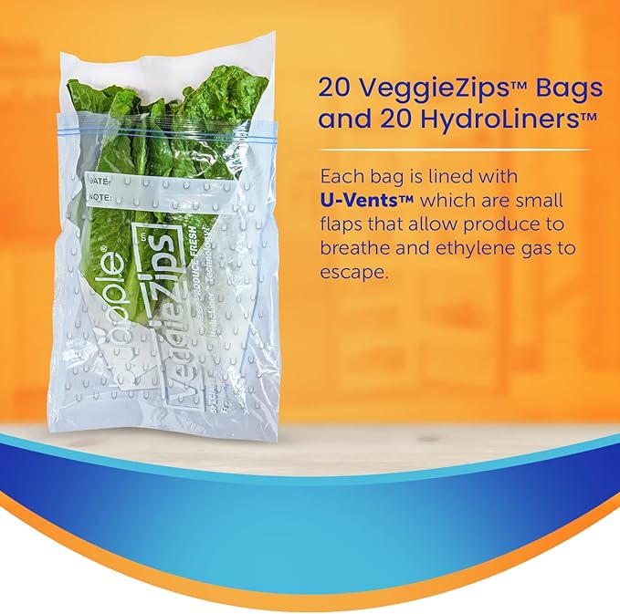 Bluapple VeggieZips Premium Produce Storage System - 40 Piece Set, 20 Food Saver Bags + 20 HydroLiners, Keep Produce Fresh Longer, Washable & Reusable Bags with Humidity Control for Fruit & Vegetables