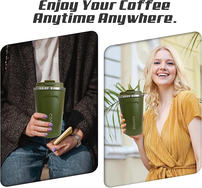 Travel coffee mugs leak-proof, reusable coffee cups with lids, stainless steel vacuum thermos coffee tumblers,thermal insulation cups for men and women hot & cold drinks(2nd-Green, 12OZ)
