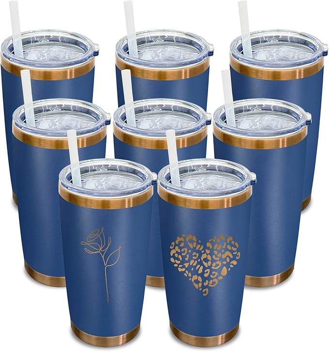 20 oz Tumbler Bulk 8 Pack Stainless Steel Tumblers with Lids and Straws, Double Wall Vacuum Insulated Travel Coffee Mug for Laser Engrave, Powder Coated Cups for Hot and Cold Drinks (Navy,8 pack)