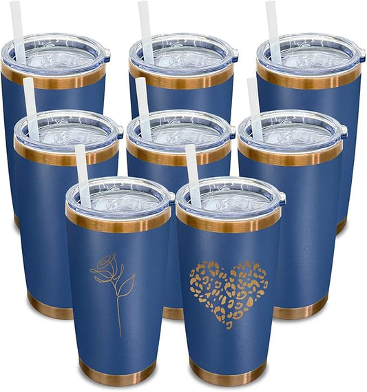 20 oz Tumbler Bulk 8 Pack Stainless Steel Tumblers with Lids and Straws, Double Wall Vacuum Insulated Travel Coffee Mug for Laser Engrave, Powder Coated Cups for Hot and Cold Drinks (Navy,8 pack)