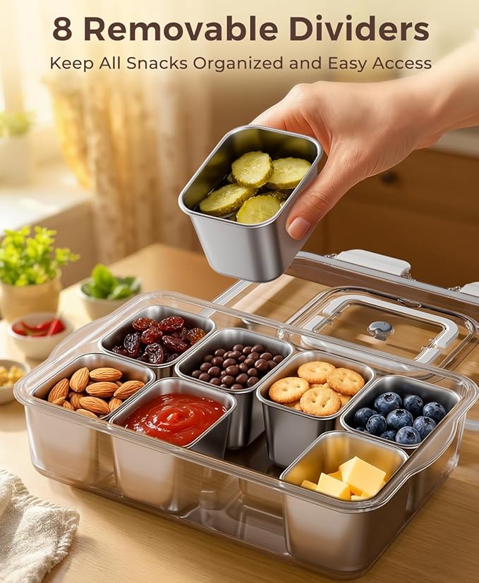 Snackle Box Container with 8 Removable Stainless Steel Compartments Divided Snack Tray with Portable Handle for Beach, Road Trip, Picnic, Boat Days, Ball Games, Pool and Parties