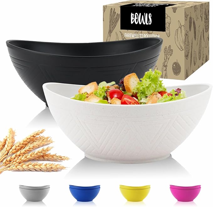 Wrova Big Wheat Straw Bowls,Unbreakable Large Salad Bowls,Dishwasher and Microware Safe Plastic Bowls Reusable,Kitchen Bowl Set for Salad,Cereal,Soup and Oatmeal.Black and White