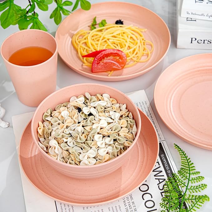 LIYH 48 Pcs Pink Wheat Straw Dinnerware Set, Plastic Plates and Bowls Dinnerware Set, Camping Dish Set for 12, Dishwasher Safe,Unbreakable Plates Reusable,Dish Sets Tableware