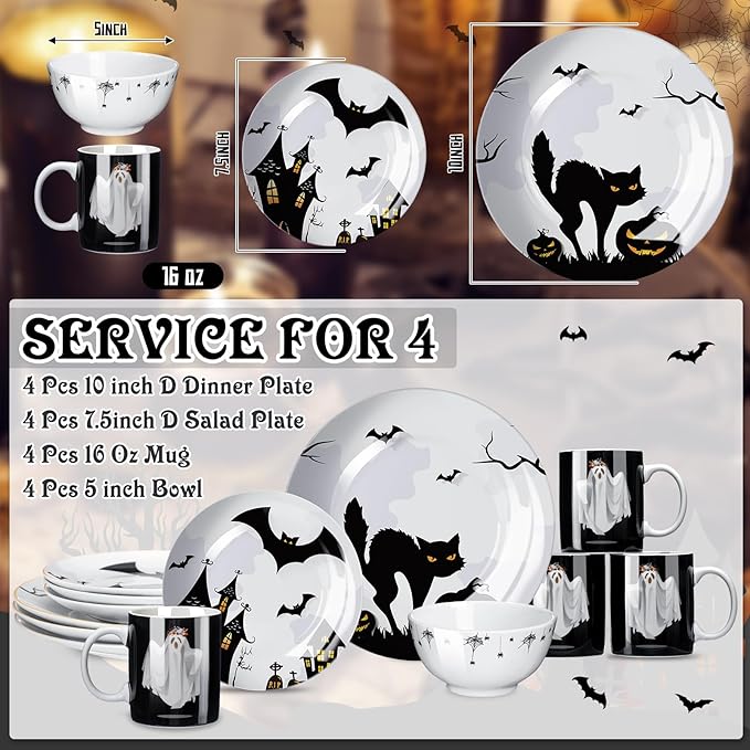 16 Pcs Halloween Dishes Dinnerware Set Serve 4 Guest Vintage Halloween Dinner Plates Ceramic Spooky Serving Dishes Haunted House Gifts Dessert Plate Bowl Mug for Holiday Kitchen Decoration