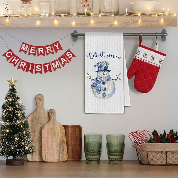 Blue Chinoiserie Christmas Snowman Kitchen Towels, Grandmillennial Xmas Dish Towels Drying Cloth for Kitchen, Let It Snow Winter Snowman Decorative Hand Towel for Bathroom, 16x24 Inch