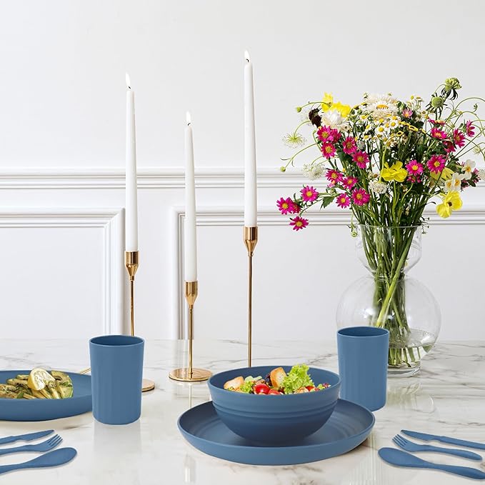 28-Piece Wheat Straw Dinnerware Sets, Microwave & Dishwasher Safe Unbreakable Dinnerware Set, Reusable Dishware Sets, Lightweight Camping Dishes, Plates, Cups, Cereal Bowls for 4 (Navy Blue)