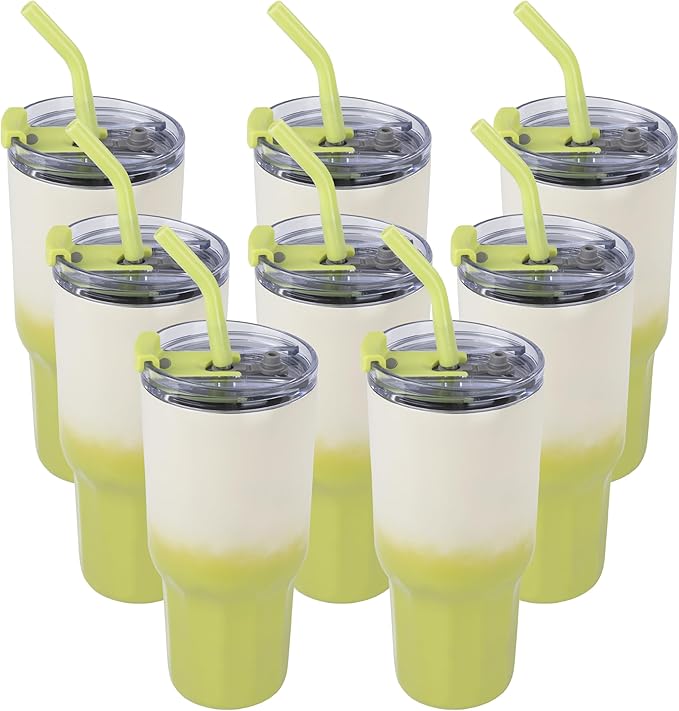 VEGOND 30 oz Insulated Stainless Steel Tumblers with lid and straw Bulk Pack Coffee Mug with Non-Slip Silicone Base, Sweat Proof Powder Coated Cup for Hot Cold Drinks, Green and Yellow 8Pack