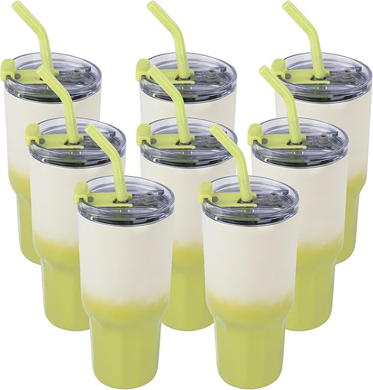 VEGOND 30 oz Insulated Stainless Steel Tumblers with lid and straw Bulk Pack Coffee Mug with Non-Slip Silicone Base, Sweat Proof Powder Coated Cup for Hot Cold Drinks, Green and Yellow 8Pack