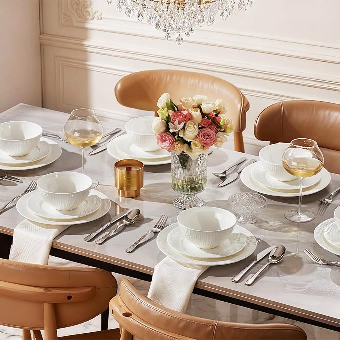 KINGSTONE Bone China Dinnerware Set, 24-Piece White Lightweight Porcelain with Textured Design Service for 8, Plates, Bowls, for Family Dining, Restaurants, Gifting，Microwave and Dishwasher Safe
