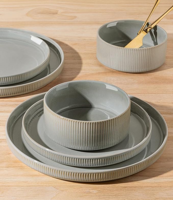 TheTerra Ceramic Dinnerware Sets for 8, 24 Pieces Porcelain Lightweight Plates and Bowls Sets, Scratch Resistant Dish Set, Oven & Microwave & Dishwasher Safe, Desert Sage