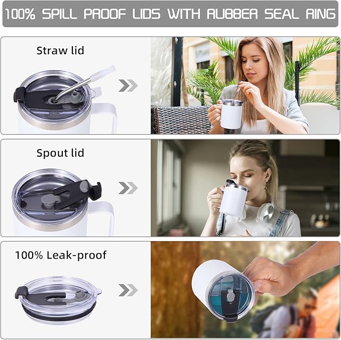 Volhoply 12oz Insulated Leakproof Coffee Mug with Flip & Straw Lid,Double Wall Vacuum Stainless Steel Travel Cafe Tumbler Cup with Handle,Reusable Camping Mugs Keep Cold/Hot(White,1 Set)