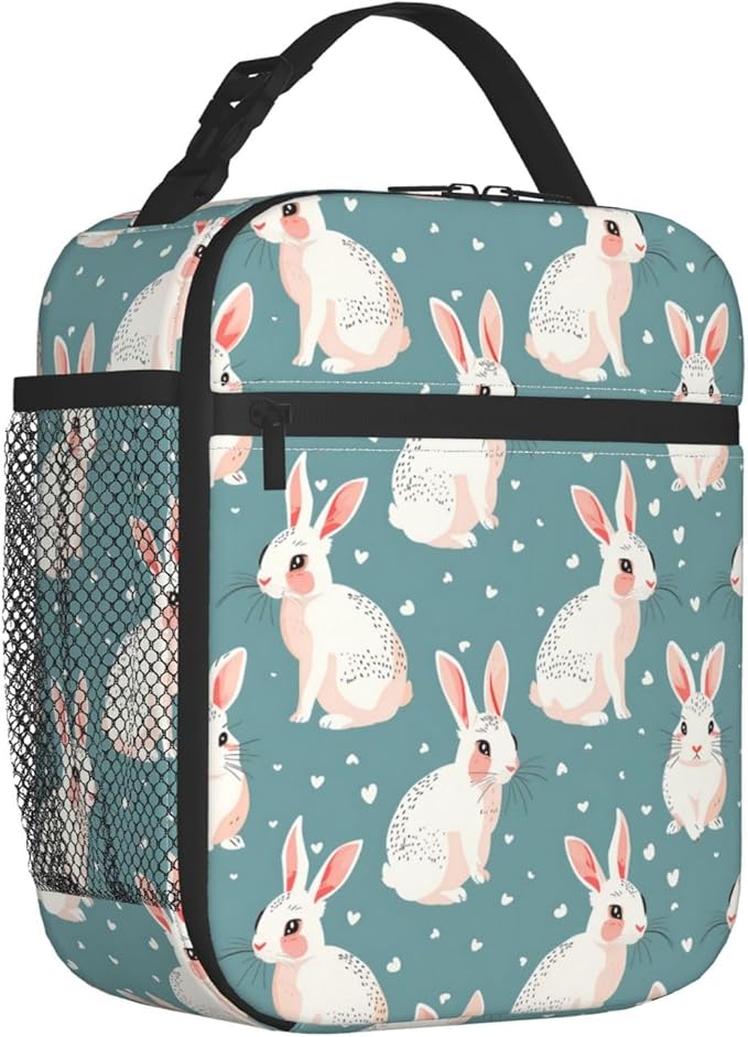Reusable White Rabbit Lunch Box for Kids Girls Boys Women Adult, Insulated Cute Bunny Lunch Bag,Polyester Cooler Handbags Case for School Picnic Work Travel Beach or Hiking