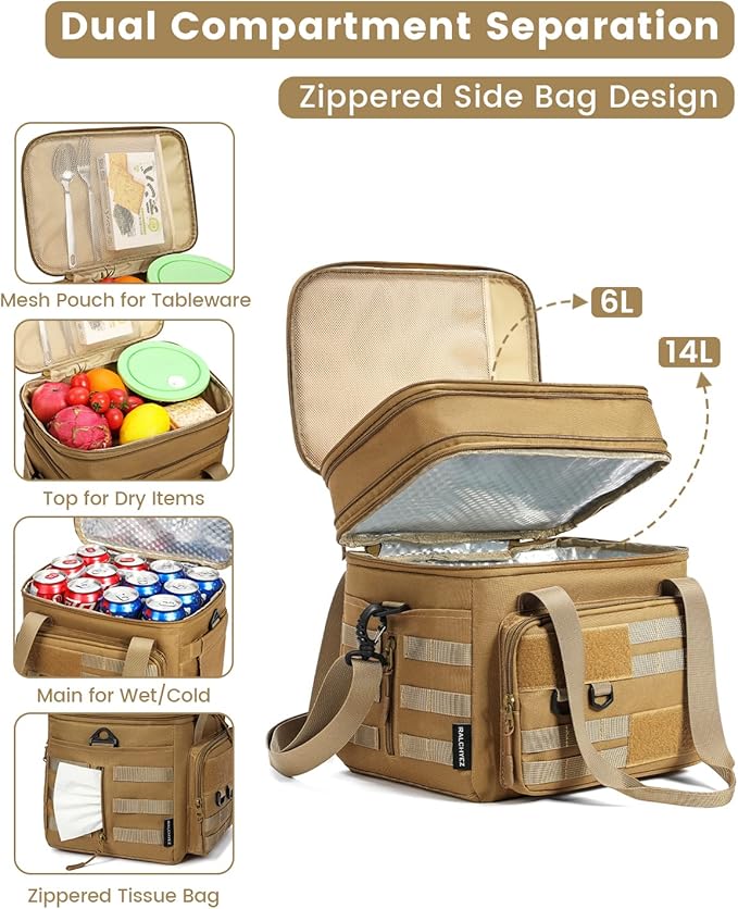 RalChyez Tactical Lunch Bag, 20L Large Heavy Duty Double Deck Insulated Lunch Box Leakproof Expandable Tote Cooler with Shoulder Strap for Adult Men Women Work Fishing Picnic Travel Tan