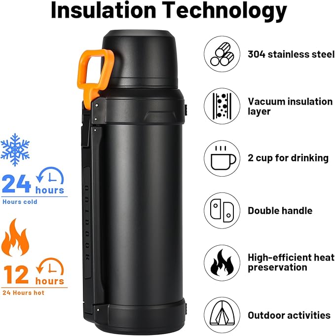 88oz Large Coffee Thermo for Travel, 2500ml Insulated Stainless Steel Water Bottle with Cup and Handle, Water Jug for 24hr Hot and Cold drinks, Vacuum Flask for Camping, Fishing & Working, Black