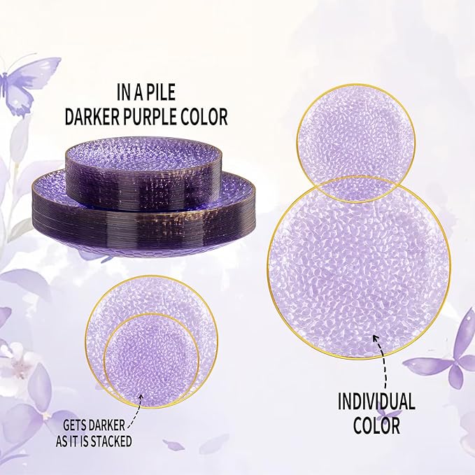 SUT 100Pcs Purple Plastic Plates, Hammered Plates Disposable Heavy Duty, Purple Disposable Plates With Gold Rim, Fancy Plastic plates Include 50 Dinner and 50 Dessert plate for Wedding
