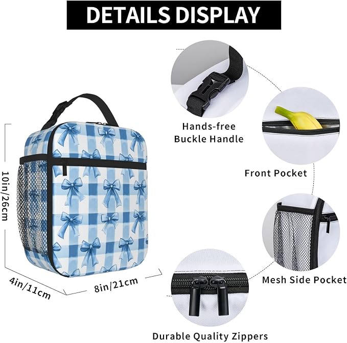 SUPLUCHOM Lunch Bag Blue Bows Check Insulated Bento Box Cooler with Side Pocket for Girl Boy Women Men Work School Picnic Hiking Daytrip
