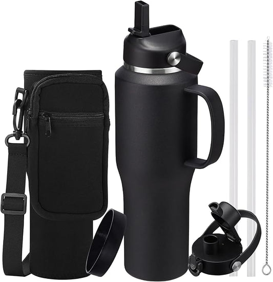 32 40 OZ Stainless-Steel Cup with Handle - Vacuum Insulated Water Bottles with Straw, Strap Carrier Bag & Protective Boot, Leak Proof Coffee Tumbler Thermo Flask Cups for Car Office Gym
