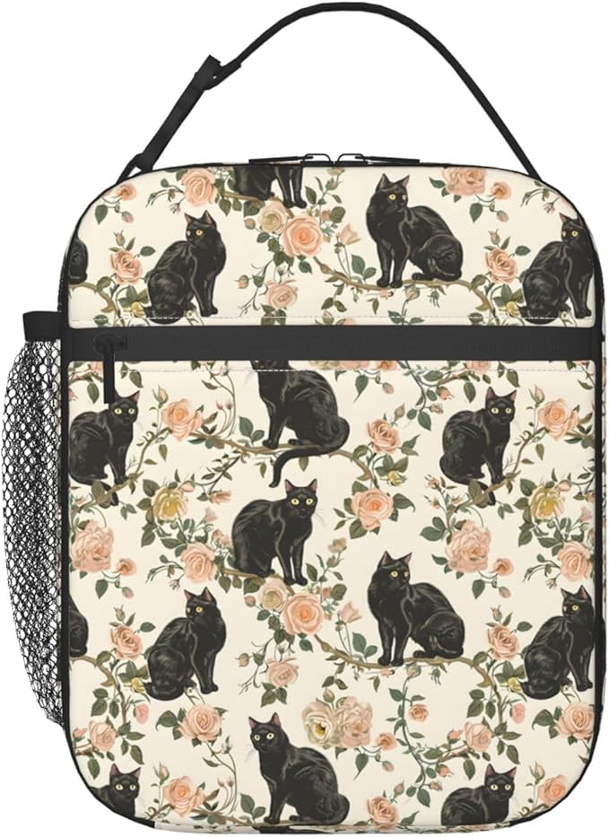 Black Cat and Rose Lunch Box for Women Men, Insulated Lunch Box, Reusable Lunch Bag for Office, Work, Picnic, Travel