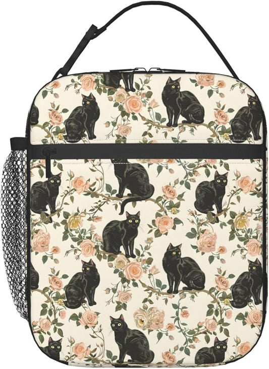Black Cat and Rose Lunch Box for Women Men, Insulated Lunch Box, Reusable Lunch Bag for Office, Work, Picnic, Travel