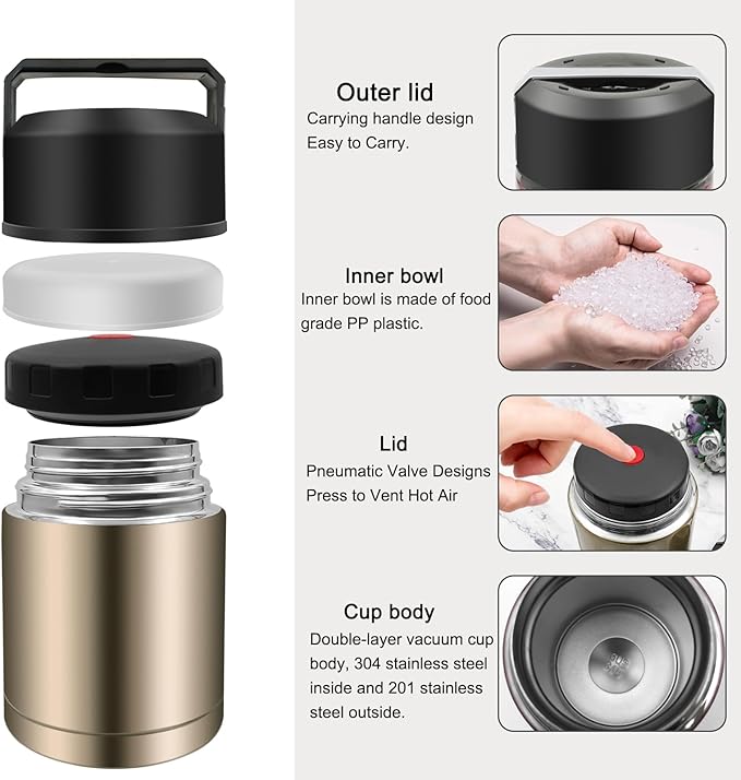 28oz Soup Thermos, Stainless Steel Thermos for Hot Food, Wide Mouth Food Thermos Jar, Insulated Lunch Container Leak Proof Vacuum Thermal Flask(gold)