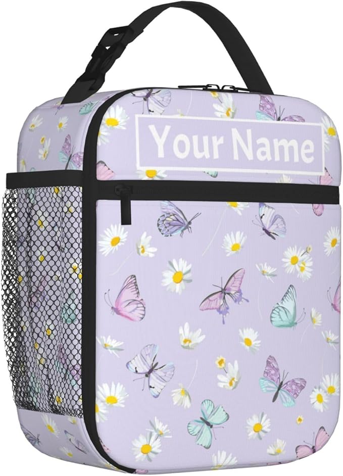 SUPLUCHOM Custom Lunch Bag With Name Butterfly Flower Personalized Insulated Box Customized Food Tote Container Side Pocket for School