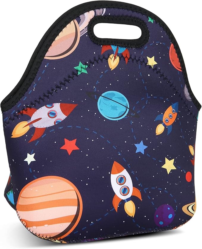 Violet Mist Women's Reusable Neoprene Lunch Bag, Space Rocket, Unisex, 11.4"L x 10.43"H x 5.51"W, 8.7 inches, fits containers up to 7"W