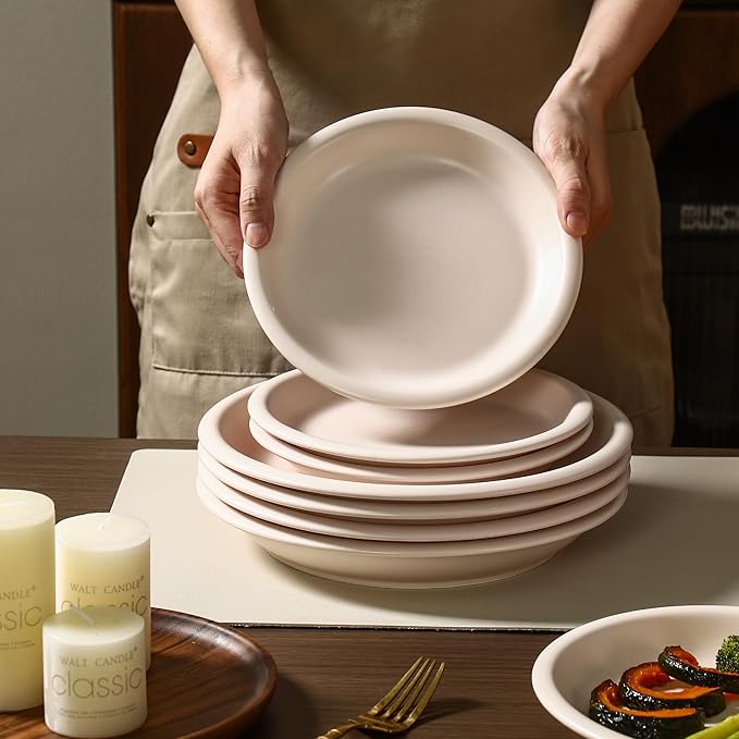 GZG 8 Inch Ceramic Dinner Salad Plates Set of 4, Rustic Matte Glaze Stoneware Dinnerware Set, Microwave & Dishwasher Safe, for Salad, Dessert, Appetizer, Everyday Use(Cream Mist)