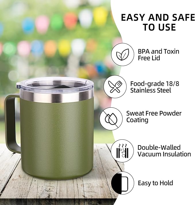 Volhoply 14oz Insulated Stainless Steel Coffee Mug with Leakproof Lid,Double Wall Vacuum Travel Coffee Cup with Handle,Reusable Cups Tumbler,Camping Mugs Keep Hot,Ideal Gifts(Army Green,1)