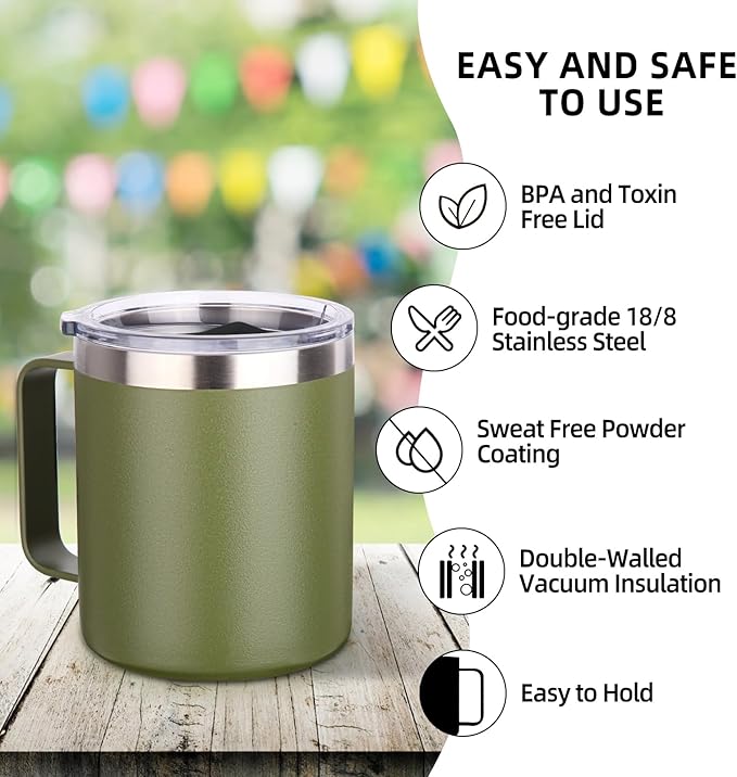 Volhoply 14oz Insulated Stainless Steel Coffee Mug with Lid Bulk 8 Pack,Double Wall Vacuum Travel Coffee Cup with Handle,Reusable Cups Tumbler,Camping Mugs Keep Hot, Ideal Gifts(Army Green,8)