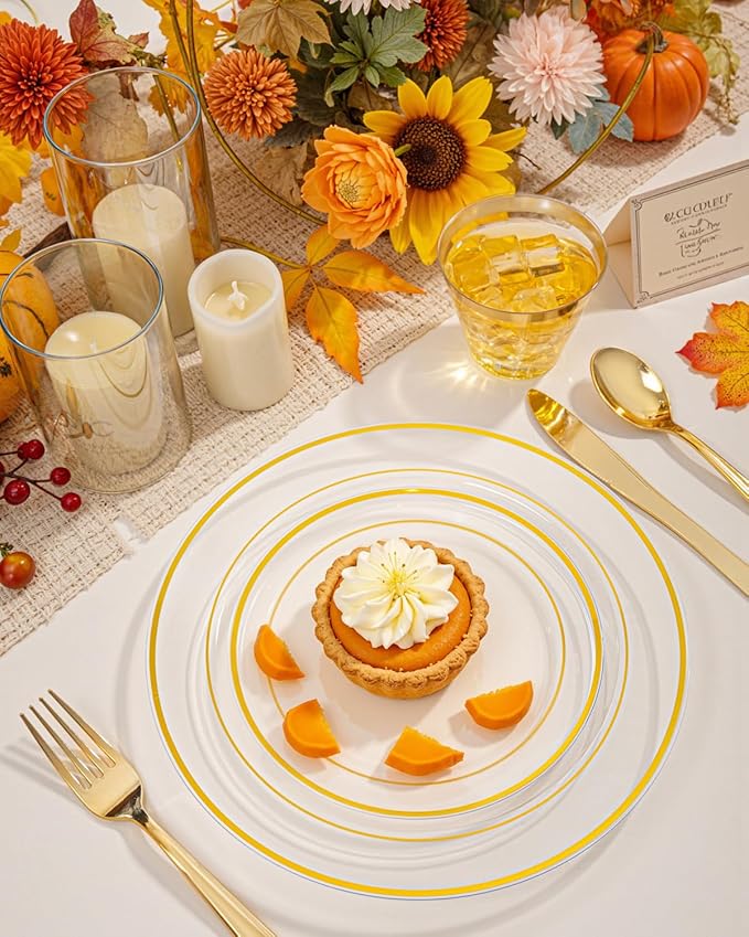 bUCLA 600PCS Clear Plates with Gold Trim - Clear Gold Dinnerware Set Disposable Include 100 Dinner/100 Dessert Plates, 100 Knives, 100 Forks, 100 Spoons, 100 Cups for Wedding, Party & Thanksgiving