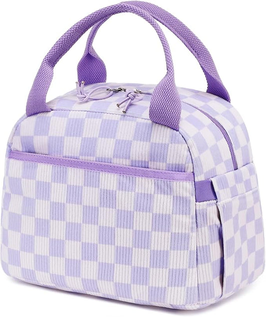 Bluboon Lunch Bag for Women Men Cute Corduroy Lunch Tote Bags Reusable Insulated Lunch Box Large Capacity Reusable Insulated Cooler for Work Picnic or Travel (Corduroy checkered purple)