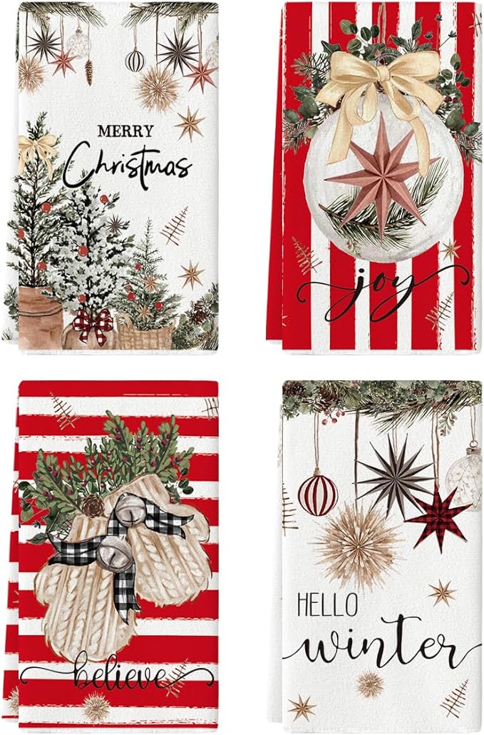 Artoid Mode Red Xmas Tree Merry Christmas Kitchen Towels Dish Towels, 18x26 Inch Holiday Gloves Ball Hello Winter Decoration Hand Towels Set of 4